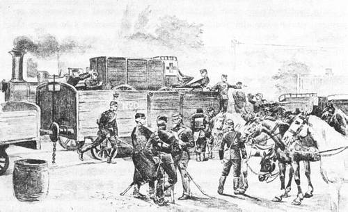 Manøvrerne i Sydsjælland - Artilleriet udlader trænet, ca. 1890 Manøvrerne i Sydsjælland - Artilleriet udlader trænet, ca. 1890