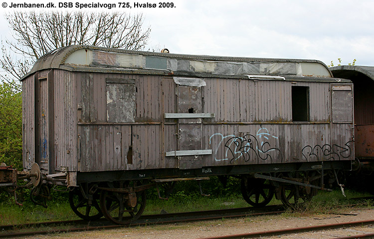 DSB Specialvogn 725<br>Værkstedsvogn for Svellestoppemaskine